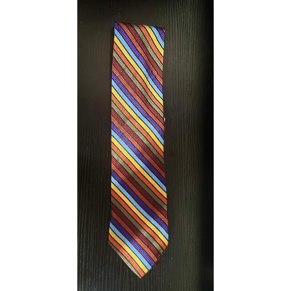 Neiman Marcus Mens Silk Tie Multi Color Diagonal Stripe Textured Weave Rainbow